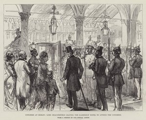 A berlini kongresszuson Lord Beaconsfield elhagyja a Kaiserhof Hotelt, hogy részt vegyen a kongresszuson alkotó: Sir John Charles Robinson