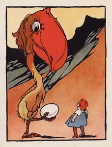 Nonszensz: Fiú egy furcsa madárral, aki tojást tart (színes litográfia) alkotó: Charles Robinson