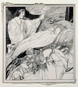 Ott feküdt, olyan gyönyörűen nézett ki, illusztráció a Briar Rose-ból, Tündérország igazi évkönyvei - Herla király uralkodása, kocsma. J.M. Dent & Co. Ltd., 1900 alkotó: Charles Robinson