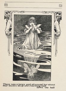 Körülötte egy nagy pocsolya volt, körülbelül tíz centi mély, és a folyosó feléig ért.
Alice sírt n a poool a könnyek. alkotó: Charles Robinson