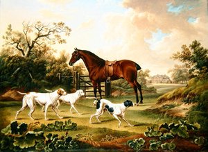 Egy öbölvadász és három pointer egy tájképben, mögötte Lyston Hall (olaj, vászon)