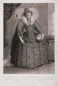 I. Erzsébet királynő jogart és gömböt tart a kezében, 1868