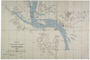 Vázlat a Charleston Harbour védelméről és csatornáiról, 1864. június (tinta olajszöveten) alkotó: Charles V. Bartelle