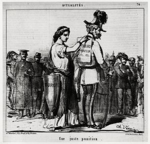 Méltányos büntetés: Európa egy „pillard, liar, etc” feliratú táblát ragaszt egy osztrák egyenruhát viselő, bajuszos és kedvenceket viselő szereplő hátára (I. Ferenc József osztrák császár 1830-1916). Charles Vernier illusztrációja (1 alkotó: Charles Vernier