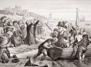 A zarándokatyák indulása Delft Havenből 1620 júliusában, az „Illustrations of English and Scottish History” I. kötetből (metszet)