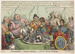 Vendéglátók – Boney Dishd – a Bonne Bouche Európának, pub. 1813 (kézzel színezett metszet)