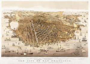 San Francisco városa, madártávlat az öbölből délnyugat felé, kiadó: Currier & Ives alkotó: Charles Richard Parsons