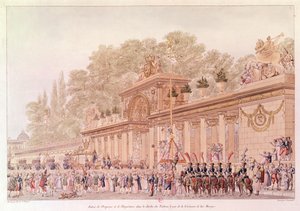 A császár és a császárné belépése a Tuileriák kertjébe esküvőjük napján (színes metszet) alkotó: Charles and Fontaine Percier
