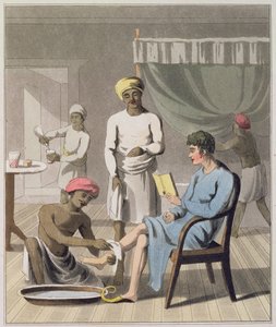 Egy Gentleman Dressing, amelyen részt vett a főhordozója és más szolgái, 4. tábla az „Az európai Indiában” című könyvből, 1813-ban (kézzel színezett akvatinta)
