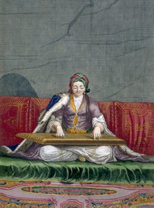 Török lány pengetős hangszeren játszik, kocsma. 1707-08. alkotó: Charles de Ferriol