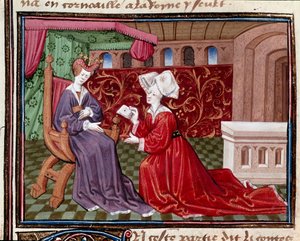 Egy szolgálólány, aki Iseut királynőnek (vagy Isultnak) írt levelet visel. Miniatűr, amelyet a maine-i Charles mester "" Romanesque du Chevalier Tristan"-ból vett fel, 1440-1460. Chantilly, Conde Múzeum