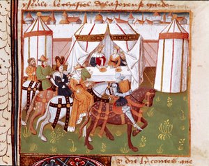 A lovagok érkezése Arthur király és Guenievre királyné Camelot-ba (Camaloth vagy Camaalioth) tartott lakomára. Miniatűr a Maine-i Károly mester 1440-1460-as „” Romanesque du Chevalier Tristan” című művéből vett. Chantilly, Conde Múzeum