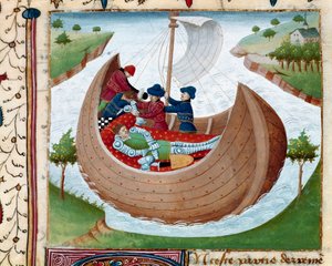 Temetés a tengeren Miniatűr a „román du Chevalier Tristan”-ból, Charles of Maine-i mester 1440-1460 között. Chantilly, musee Conde – A kerekasztal lovagjának tengeri temetése – Miniatűr a római du Chevalier Tristanból, Main Charles mestertől