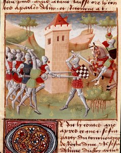 Lancelot du Lac harcoló lovagok Miniatűr, amelyet Charles de Maine mester „” Roman du Chevalier Tristan”-jából vett (Beroul változat). 1440-1460. Chantilly, Condé Múzeum