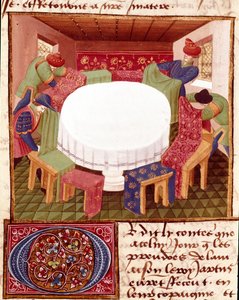 A miniatűr lovagok érkezésekor megbeszélt kerekasztal előkészületei Charles de Maine mester „” Romanesque du Chevalier Tristan”-ból (Beroul változat). 1440-1460. Chantilly, Conde Múzeum