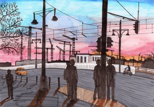 Daruk a Warschauer Straße-nál, 2017 (ecset tollak) alkotó: Charlotte Orr