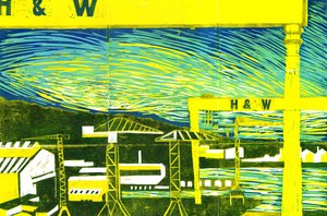 Harland & Wolff Cranes, Belfast, 2022 (linoprint) alkotó: Charlotte Orr