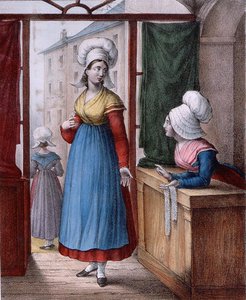 Avranches város női, normandiai, tányér a „Suite de Costumes”-ból, 1845 körül (színes litó)