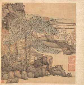Festmények az ókori mesterekről: Tudós olvasás egy vízesés melletti nádfedeles kunyhóban, 1598-1652. alkotó: Chen Hongshou
