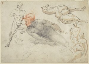 Férfi és női aktok, egy szatír és egy teve tanulmányai (recto); Marcus Aurelius szobra (verso).