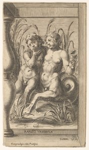Két triton ölelkezik, az egyik pánsípot játszik, a másik egy kagylóhéjat tart a..., 1579-ben.