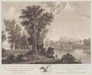 Kilátás a Gatchina-palotára a parkból, 1799-1800 alkotó: Chessky
