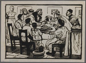 Igyunk egy italt, hogy megünnepeljük a szilvesztert, 1945 körül (fametszet) alkotó: Chi Kwei Sung