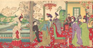 Elegáns hölgyek versenye a cseresznyevirágok között Kaika kifujin kisoi, 1887. szeptember.... alkotó: Chikanobu Yoshu