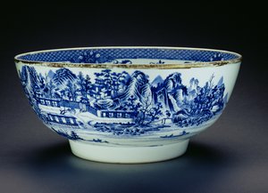 Kék-fehér tál, a porcelán (porcelán) gyártását bemutató jelenettel díszítve (lásd: 208012)