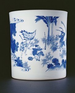 Kék-fehér ecsettartó hobbilovakon játszó hölggyel és fiúkkal, Chongzheng, 1630-44 (porcelán) (lásd: 205936)