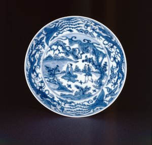 Kék-fehér edény zsályával és kísérővel festve, Wanli jel és korszak, 1573-90 (porcelán)