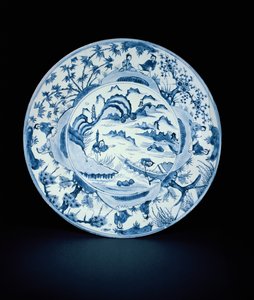 Kék-fehér edény halászokkal festett folyami jelenetben, Tianqi vagy Chongzheng, 1620-30 (porcelán)