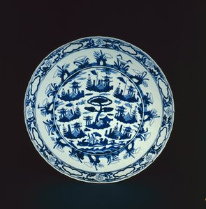 Kék-fehér edény sziklás szigetekkel és pavilonokkal festve, Wanli vagy Tianqi, 1600-25 (porcelán)