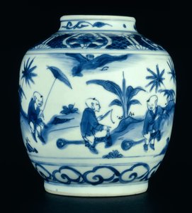 Kék-fehér tégely hobbilovakon játszó fiúkkal, Wanli vagy Chongzheng, 1600-30 (porcelán) (lásd: 206093, 206095, 206096)