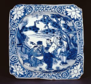 Kék-fehér kosometsuke négyzet alakú edény Shoulaoval és más halhatatlanokkal festve, Tianqi, 1621-27 (porcelán)