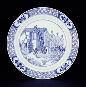 A rotterdami zavargásokat ábrázoló kék-fehér tányér (porcelán)
