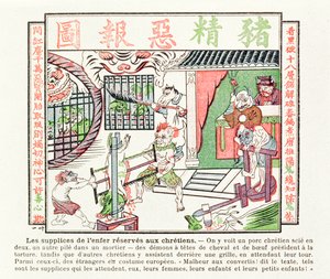 Keresztény disznót kettévágnak, míg a másodikat mozsárban összetörik, büntetés vár a kereszténységre tértekre, 1891 alkotó: Chinese School