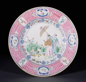 Famille Rose-val festett vacsoratál, amely La Dame au Parasol-t ábrázolja, Cornelis Pronk (1691-1759) tervei alapján Qianlong (1736-95) 1734 körül (porcelán)