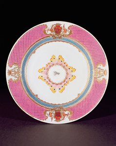 Famille Rose zománcokkal festett vacsoratányér a Grimaldi di Castro karjaival, Yongzheng (1723-35) 1735 körül (porcelán)