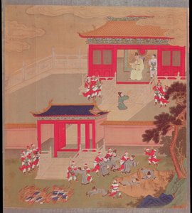 Chin Wang Ti császár (Kr. e. 221-210) elégette az összes kínai könyvet, és mély szakadékba dobta az akadémikusokat, a kínai császárok i.e. 213-as történetéből (szín a selyemen) alkotó: Chinese School