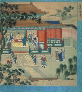 Hszien Ti császár (fl.189-220) klasszikus szövegeket fordító tudósokkal, a kínai császárok történetéből (szín selyemen) alkotó: Chinese School