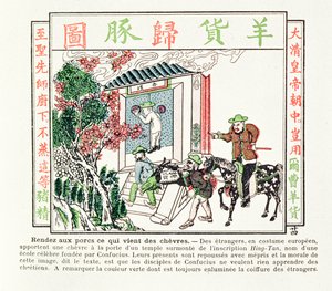 Európai külföldiek Konfuciusz templomának kapujában – megvetéssel utasítják el ajándékukat, egy kecskét, 1891 alkotó: Chinese School