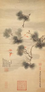 Öt denevér egy fenyőág között, 1844 alkotó: Chinese School