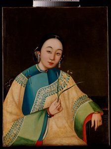 Egy udvarhölgy portréja, félhosszában ül, hímzett köntösben, kezében egy virág, 19. század közepe alkotó: Chinese School