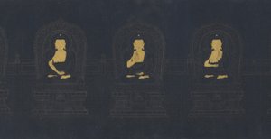 A múlt hét buddhája, valószínűleg a Ming-dinasztia (arany és fehér pigment a sötétkék papíron)