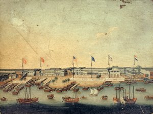 Kilátás a kantoni Hongkra a dán, osztrák, amerikai, svéd, brit és holland gyárakkal (olaj, réz) alkotó: Chinese School