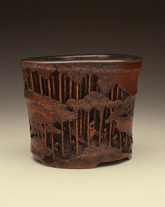 Hatalmas ecsettartó a bambuszliget hét bölcsével, akik irodalmi elfoglaltságaikkal foglalkoznak egy bambusz erdőben, Kang-hsi korszak (1662-1722), Ching-dinasztia (faragott bambusz)