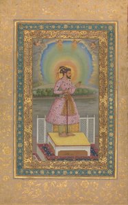 Shah Jahan a teraszon, kezében egy medálkészlet a portréjával, Folio..., 1627-28. alkotó: Chitarman