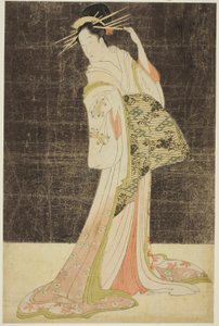 A Selection of Beauty from the Pleasure Quarters (Seiro bijin awase): Courtesans Hired for the New Years Holidays - Takigawa of the Ogiya, c.1794 (colour woodblock print; oban)