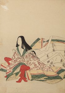 Egy udvari hölgy ül, a kyosokura támaszkodva; illusztráció az albumból: Harminchat költőnő / Nishiki-zuri onna rokkasen e-zukushi alkotó: Chobunsai Eishi